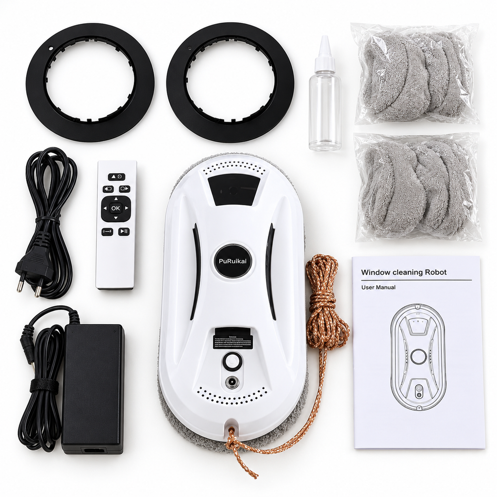 Contenu du colis : robot, télécommande, adaptateur, rallonge, corde de sécurité, anneaux, lingettes, vaporisateur et mode d'emploi