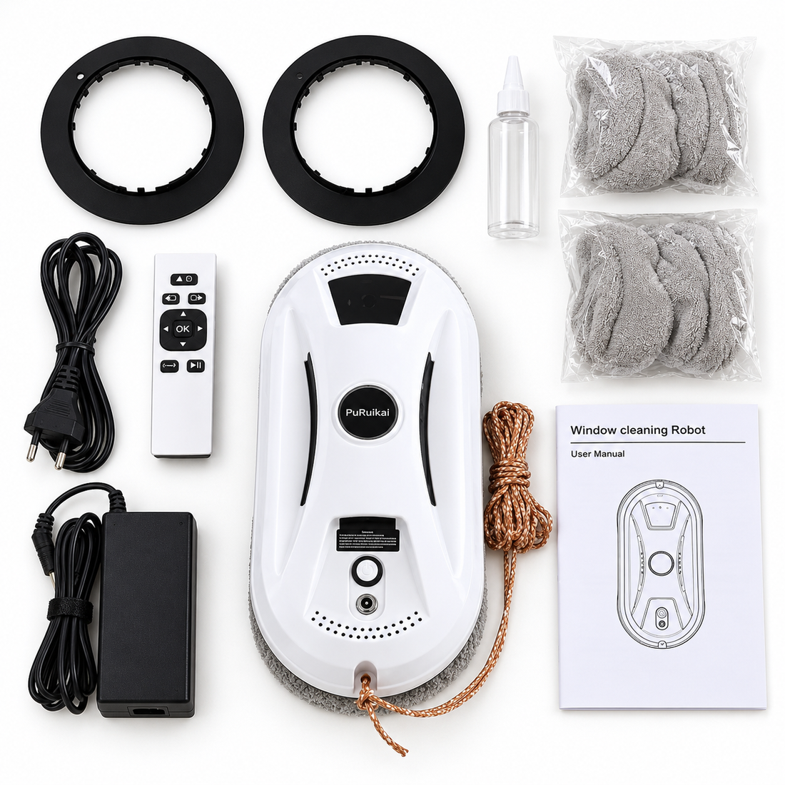 Contenu du colis : robot, télécommande, adaptateur, rallonge, corde de sécurité, anneaux, lingettes, vaporisateur et mode d'emploi